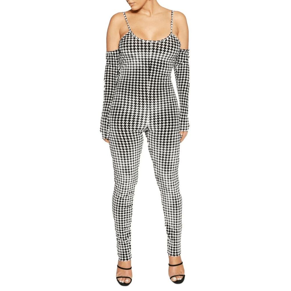 Naked Wardrobe Black White Velour Houndstooth Jumpsuit Large NWT